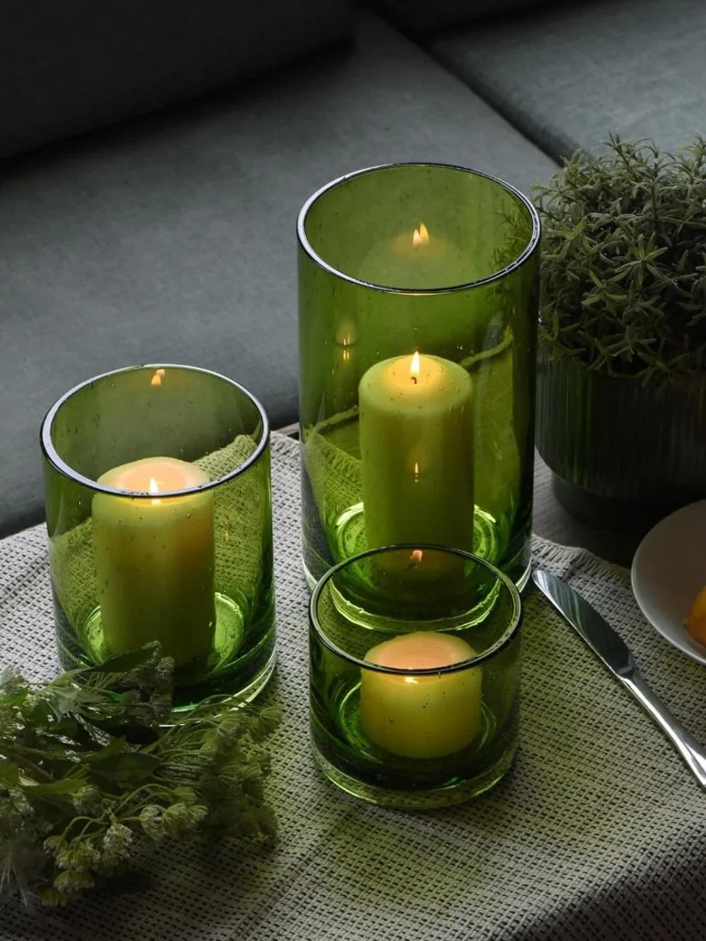 Set of 3 Spring Green Hurricane Candle Holders - Elegant Home Decor Accent